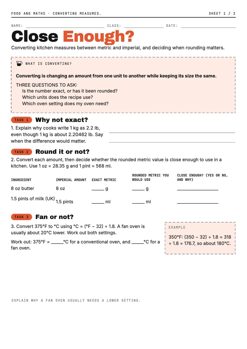 Converting Kitchen Measures Worksheet