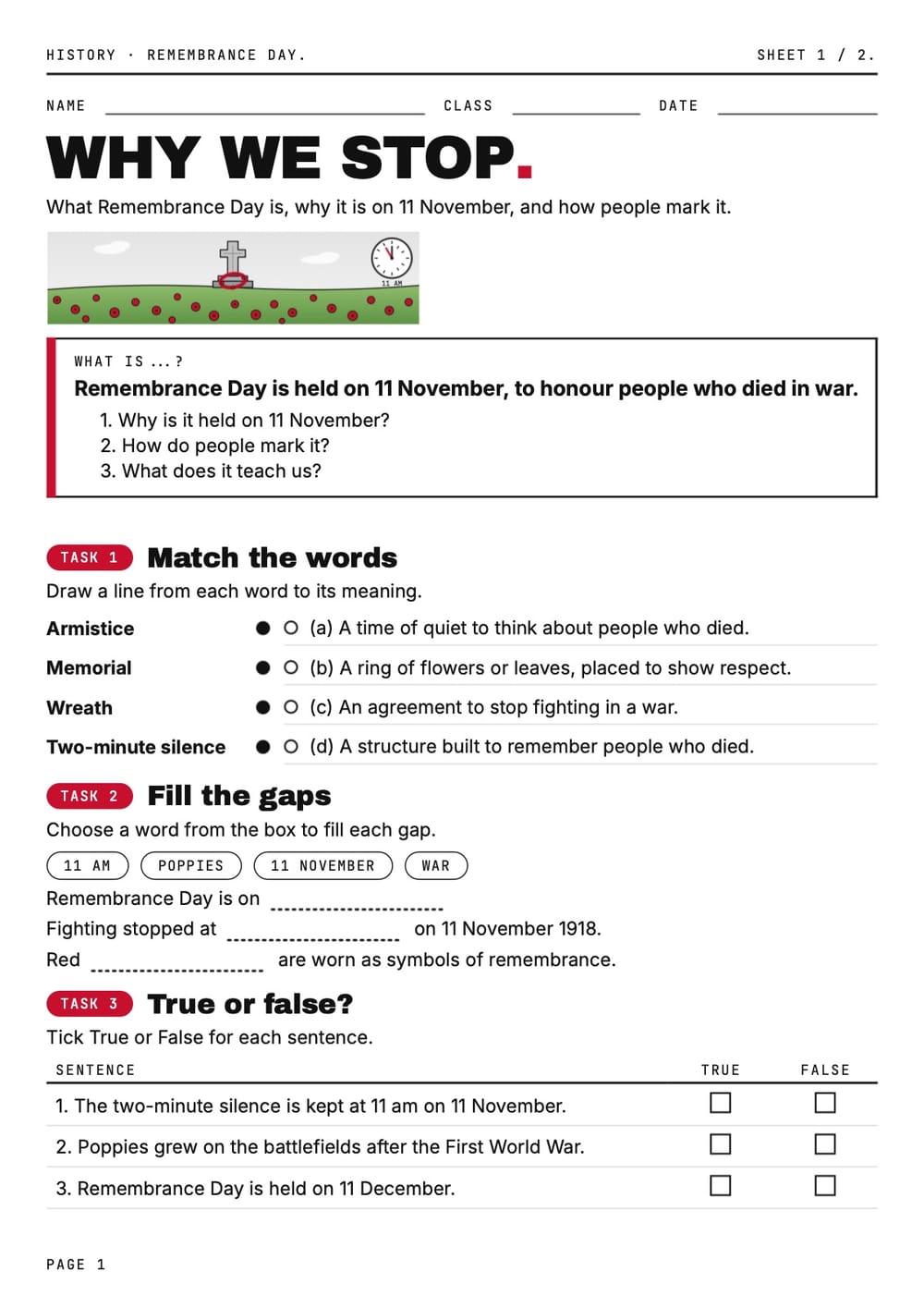 Remembrance Day: Why We Stop at Eleven Worksheets