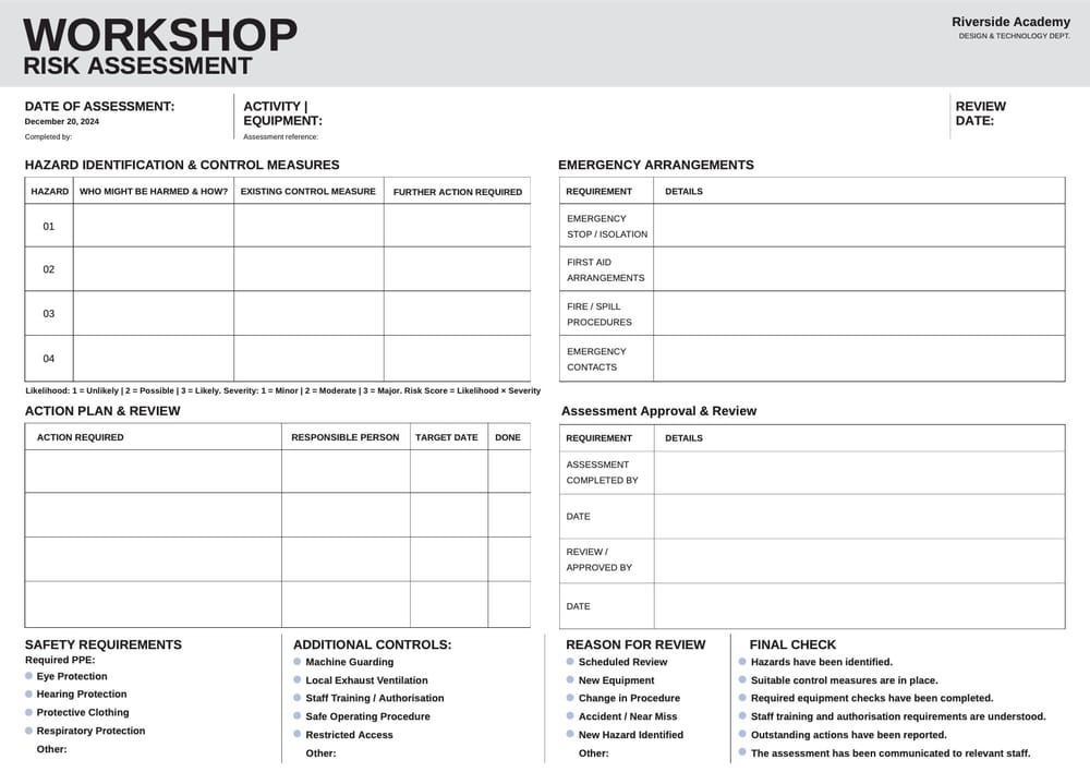 Workshop Risk Assessment Worksheet
