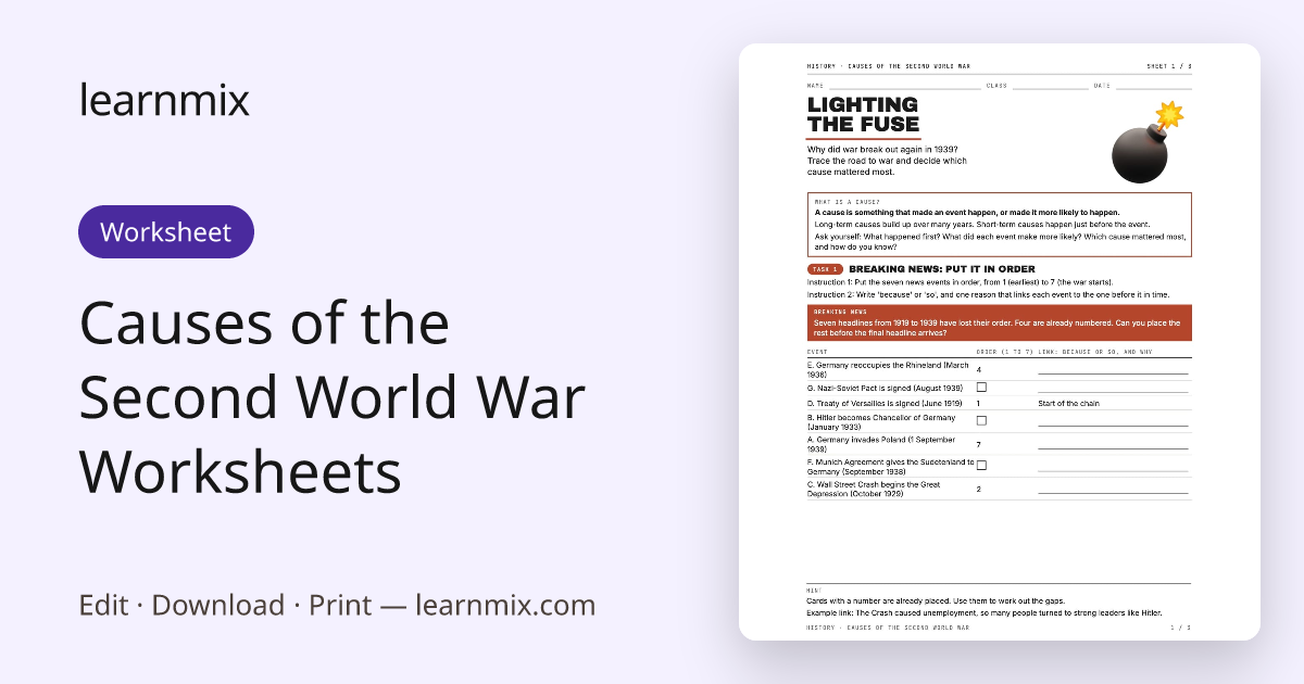 Causes of the Second World War Worksheets — Worksheet | Learnmix
